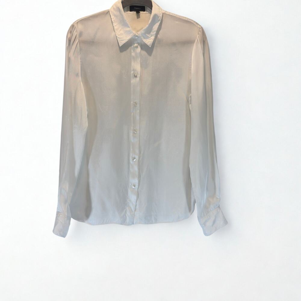Theory Silk Blouse Button Down Collared Office Shirt Size M Ivory